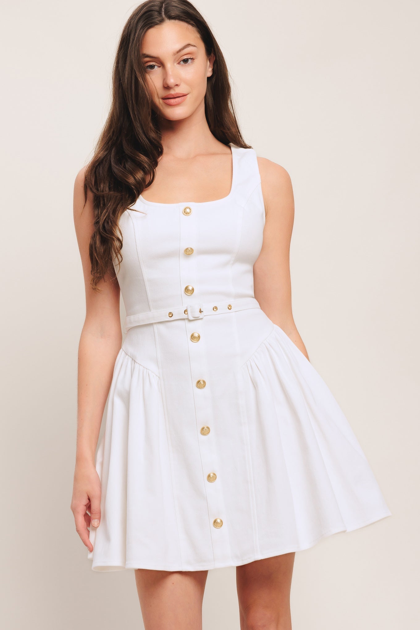 Emerald Green Woven Mini Dress With Square Neck Belted Front Button Down Flying Tomato