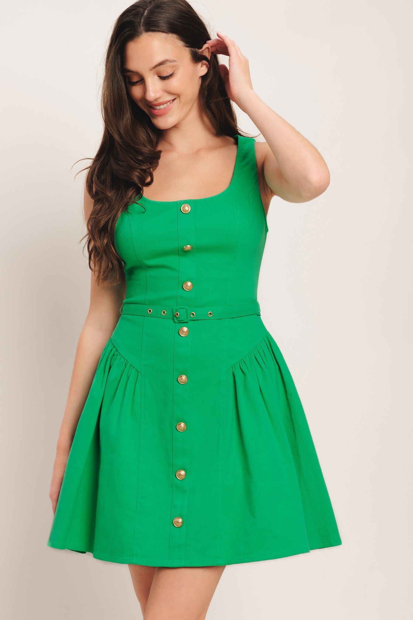 Emerald Green Woven Mini Dress With Square Neck Belted Front Button Down Flying Tomato