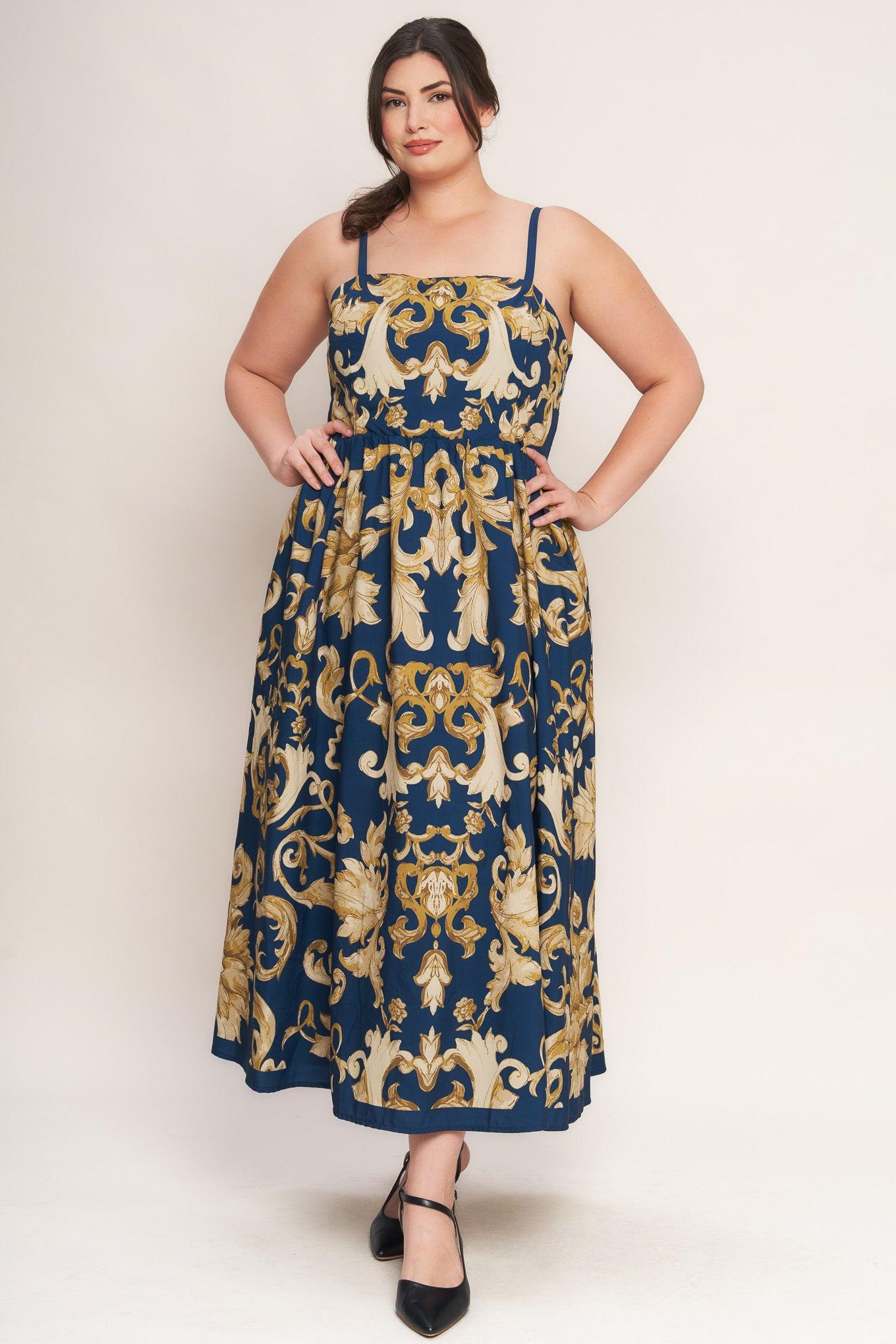 Back view of the Flying Tomato Imperial Bloom Blue Woven Midi Dress, showcasing its elegant design and subtle, secure closure.