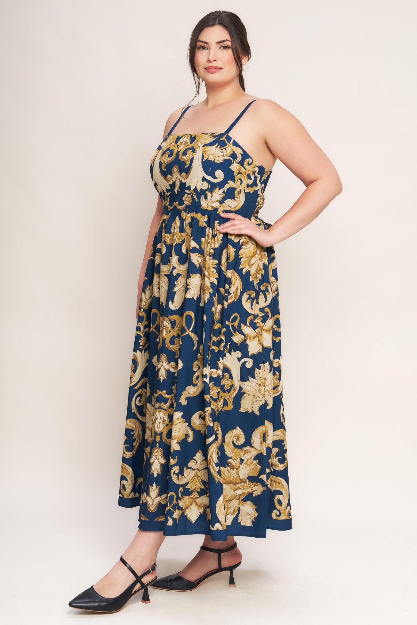 Flying Tomato Imperial Bloom Blue Woven Midi Dress displayed as a flat lay, highlighting its full silhouette and intricate floral pattern.