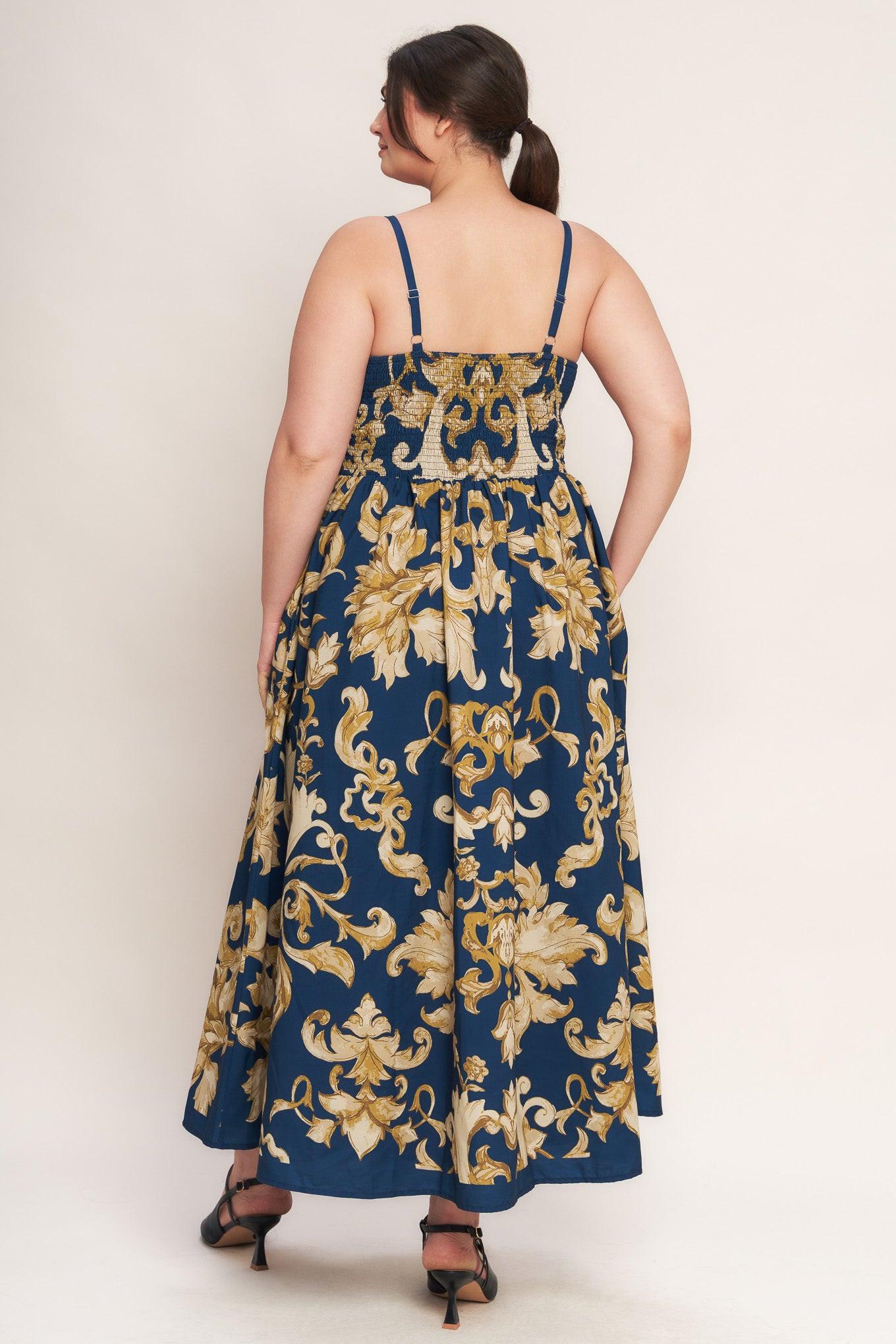 Flying Tomato Imperial Bloom Blue Woven Midi Dress styled with complementary accessories, offering inspiration for a complete, chic outfit.