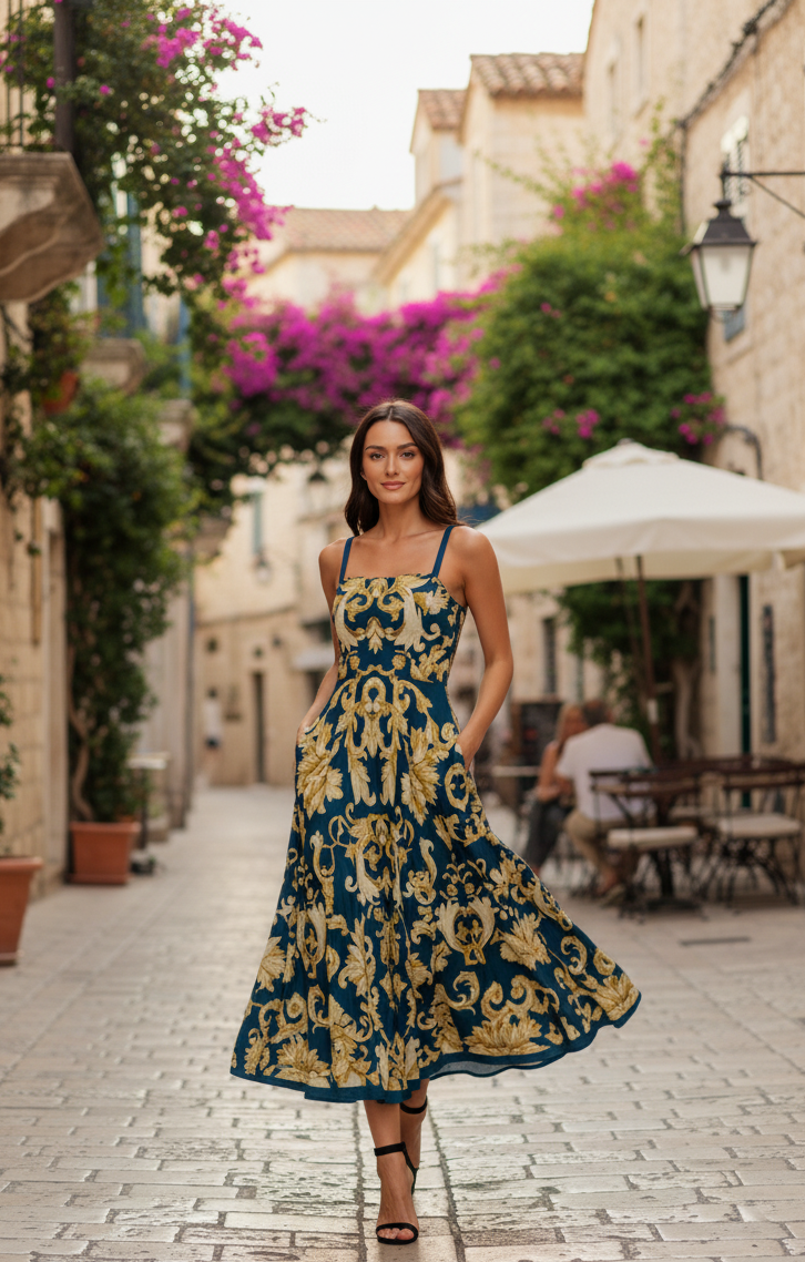 IMPERIAL BLOOM BLUE WOVEN MIDI DRESS Flying Tomato