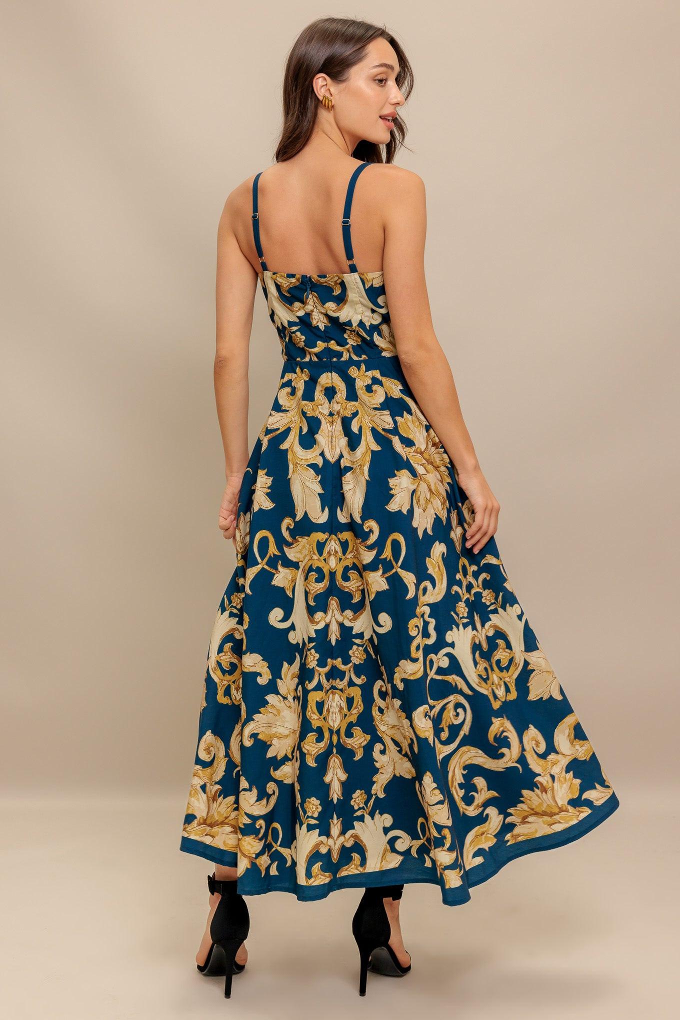 Model wearing the Flying Tomato Imperial Bloom Blue Woven Midi Dress, gracefully moving, highlighting its comfortable drape and flow.
