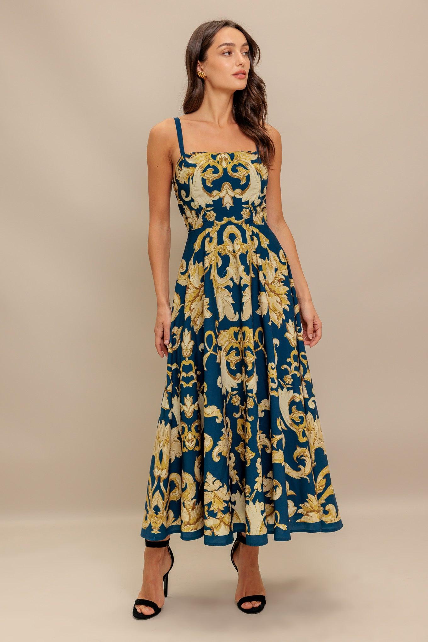 Flying Tomato Imperial Bloom Blue Woven Midi Dress, elegant and flowing, showcasing its full design and vibrant floral pattern.