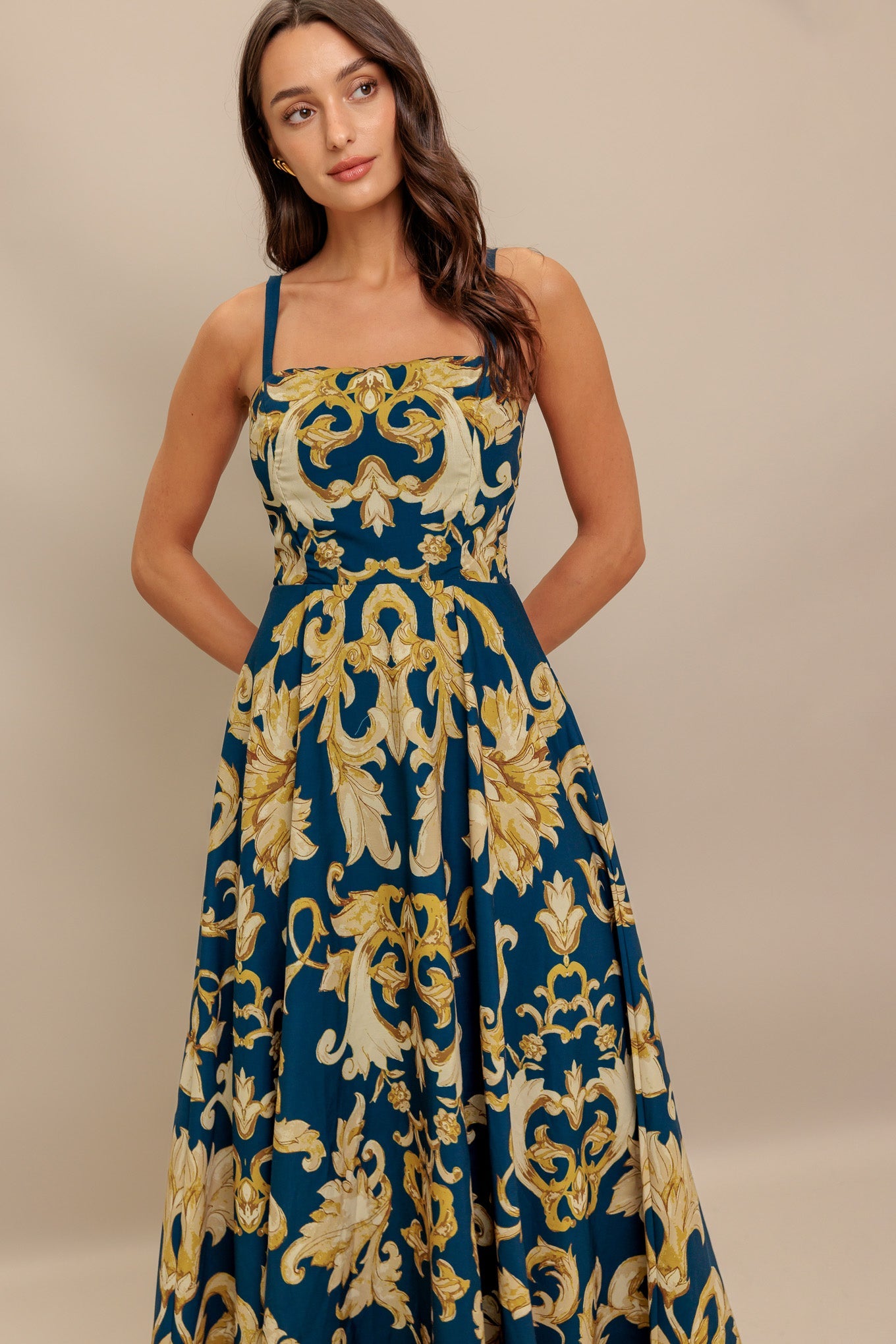 Detailed view of the Flying Tomato Imperial Bloom Blue Woven Midi Dress fabric, emphasizing its soft, breathable, high-quality weave.