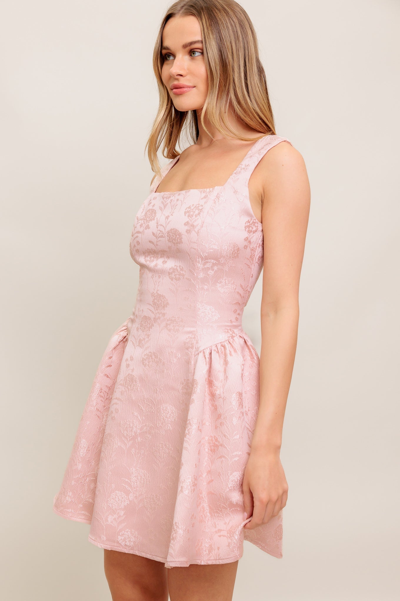 SWEET BLOOM WOVEN JACQUARD SATIN MINI DRESS Flying Tomato