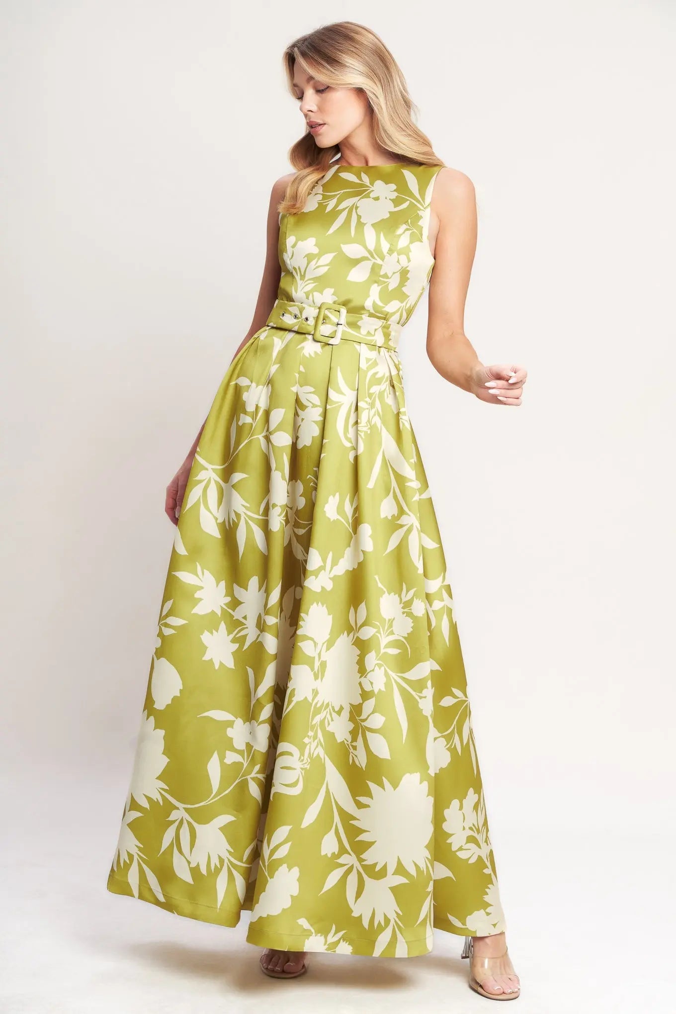 Lime Floral Print Woven Maxi Dress With Belt Open Back Flying Tomato