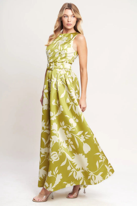 Lime Floral Print Woven Maxi Dress With Belt Open Back Flying Tomato
