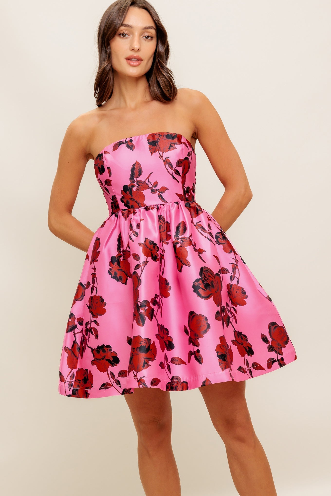 STRAPLESS SEDUCTION WOVEN MINI DRESS Flying Tomato