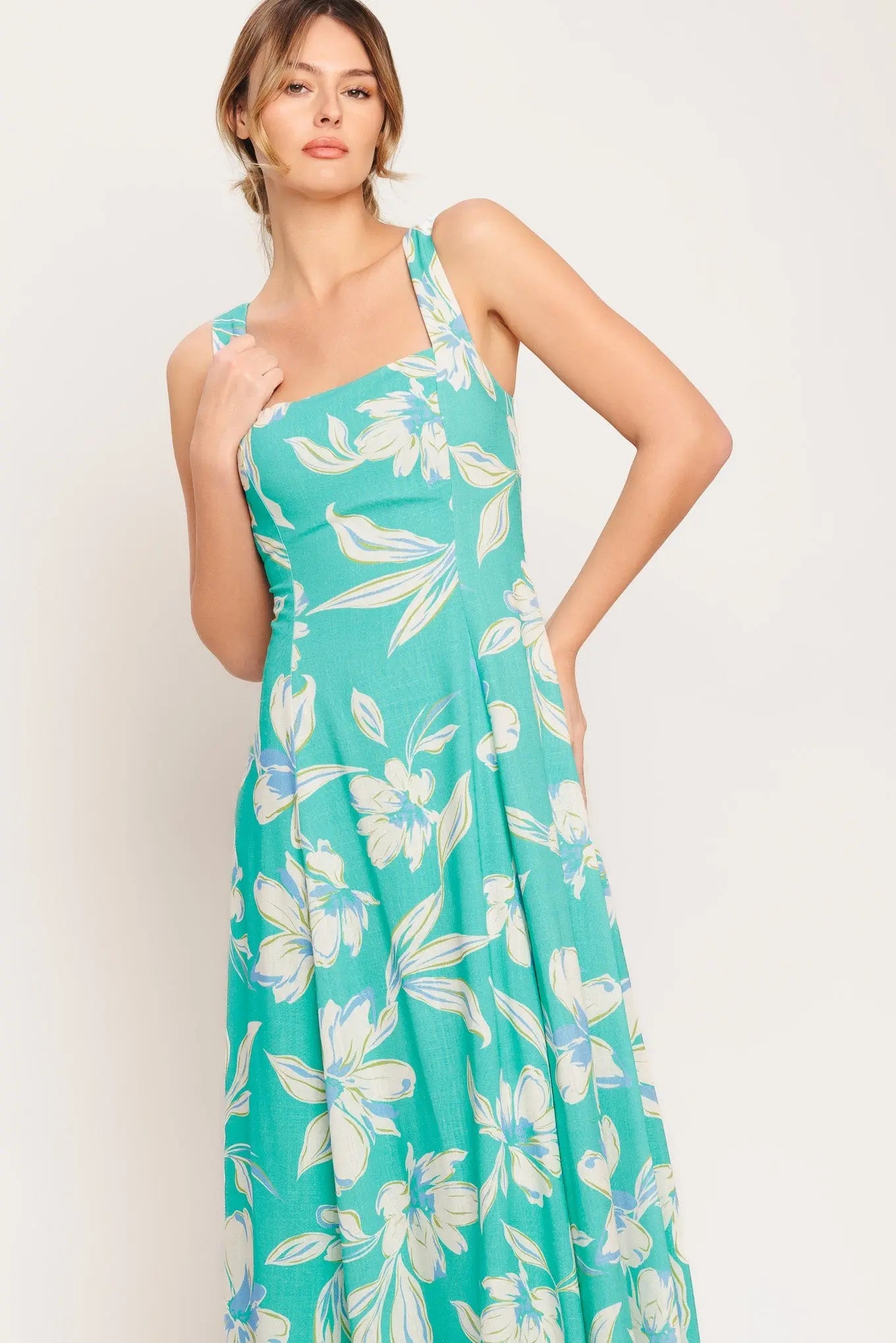 Aqua Daydream Floral Woven Midi Dress Square Neckline Sleeveless Back Zipper Flying Tomato