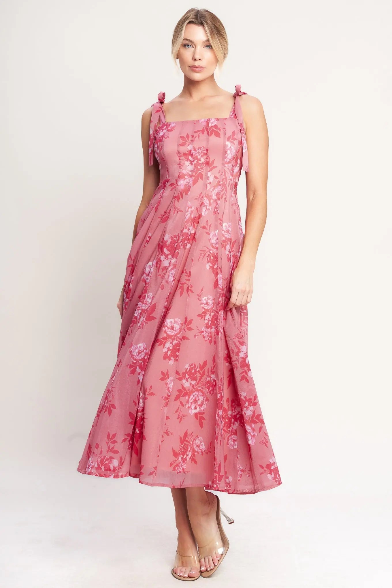 Romantic Pink Floral Canopy Midi Dress With Square Neck And Tie Straps Flying Tomato