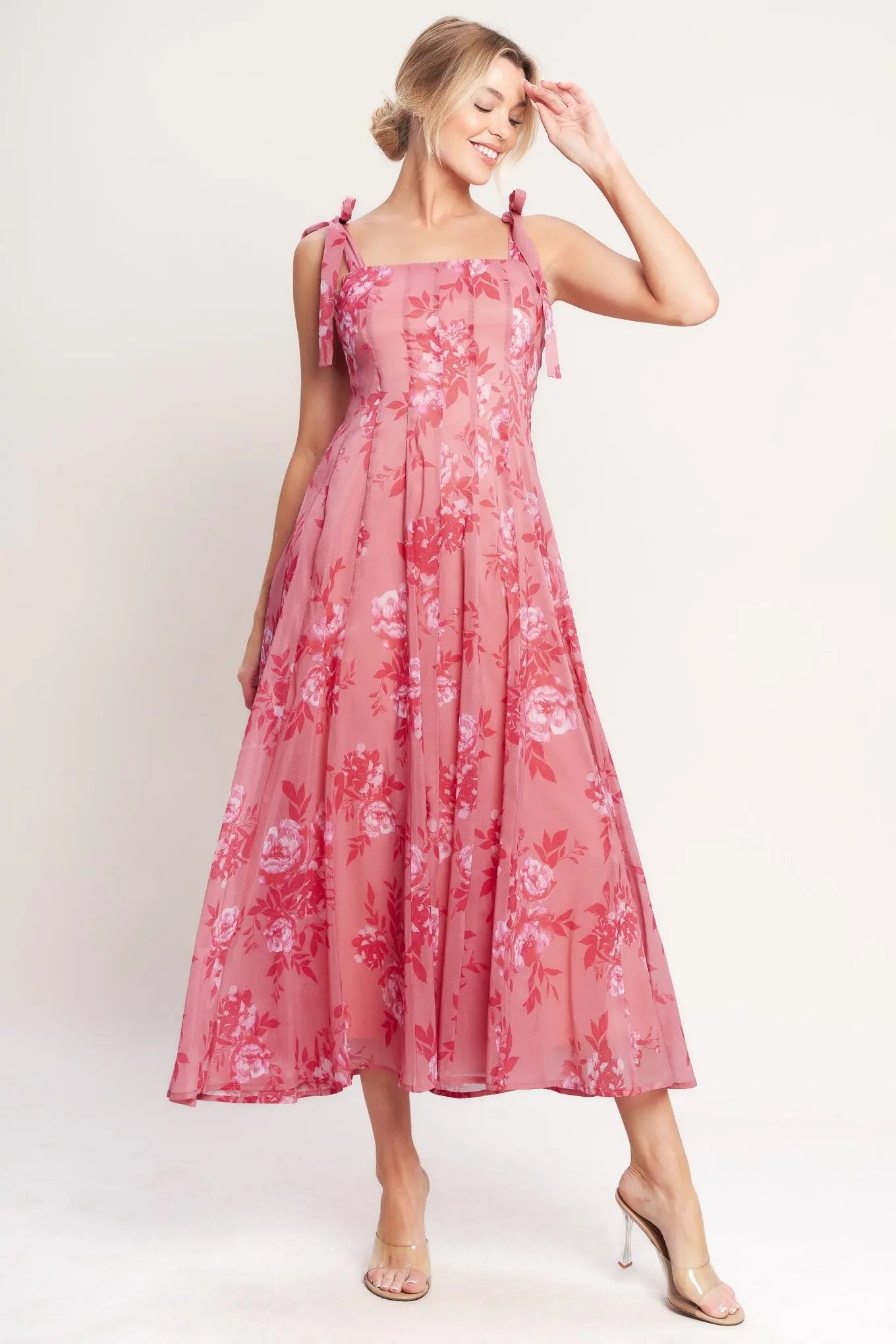 Romantic Pink Floral Canopy Midi Dress With Square Neck And Tie Straps Flying Tomato