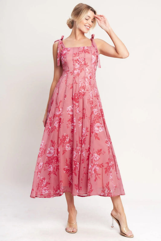 Romantic Pink Floral Canopy Midi Dress With Square Neck And Tie Straps Flying Tomato