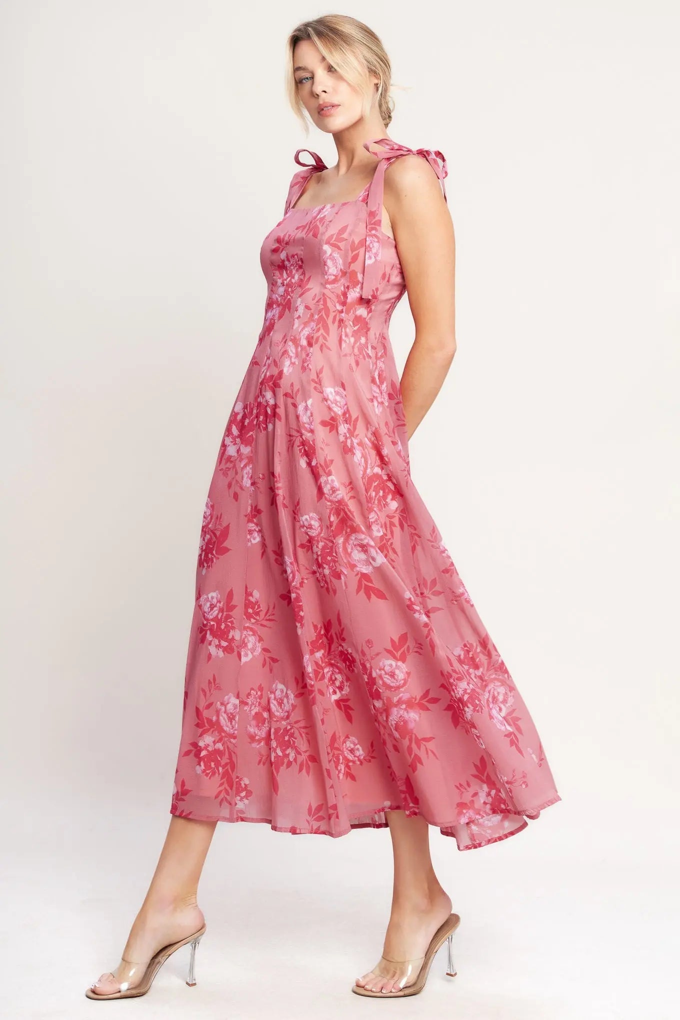 Romantic Pink Floral Canopy Midi Dress With Square Neck And Tie Straps Flying Tomato