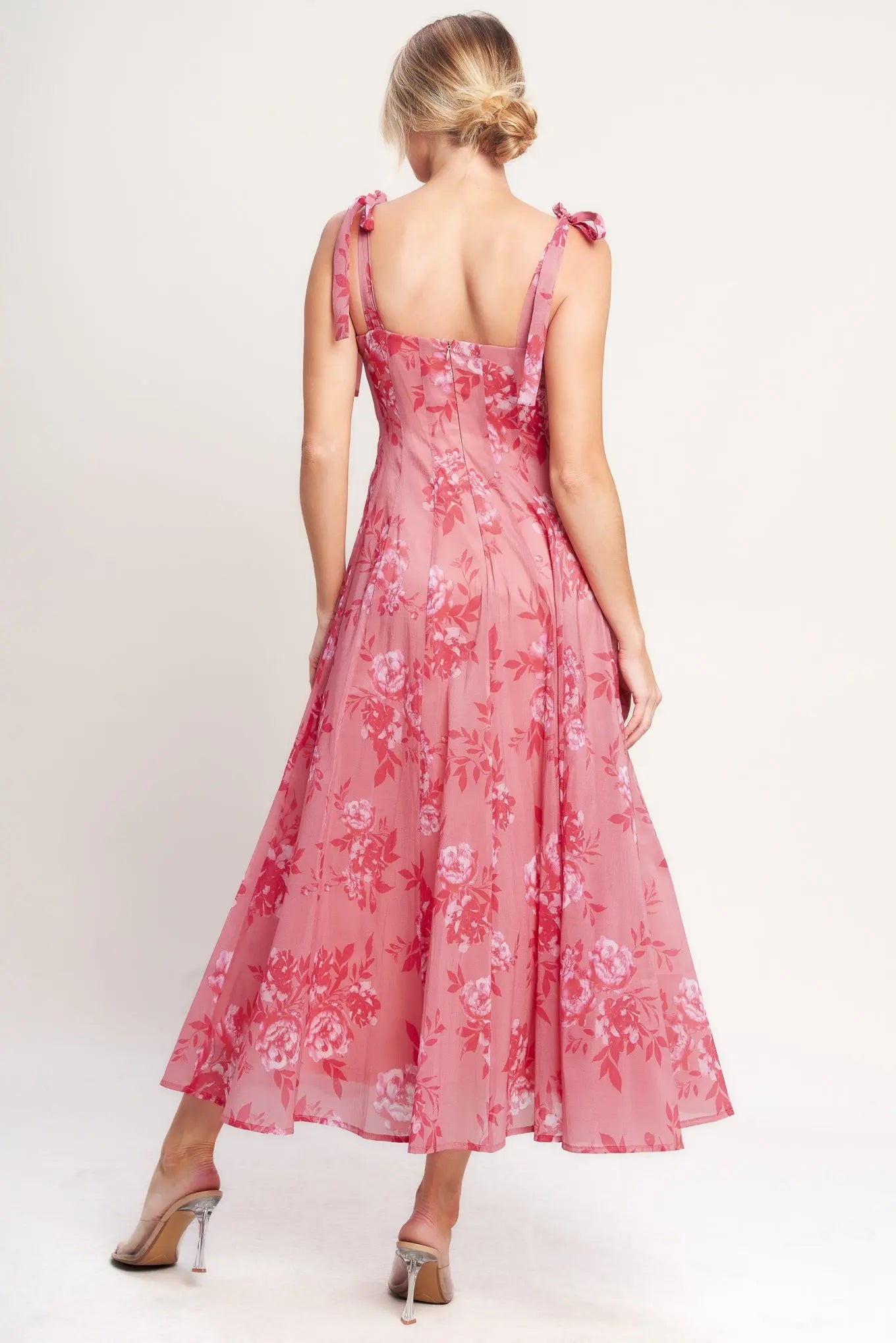 Romantic Pink Floral Canopy Midi Dress With Square Neck And Tie Straps Flying Tomato