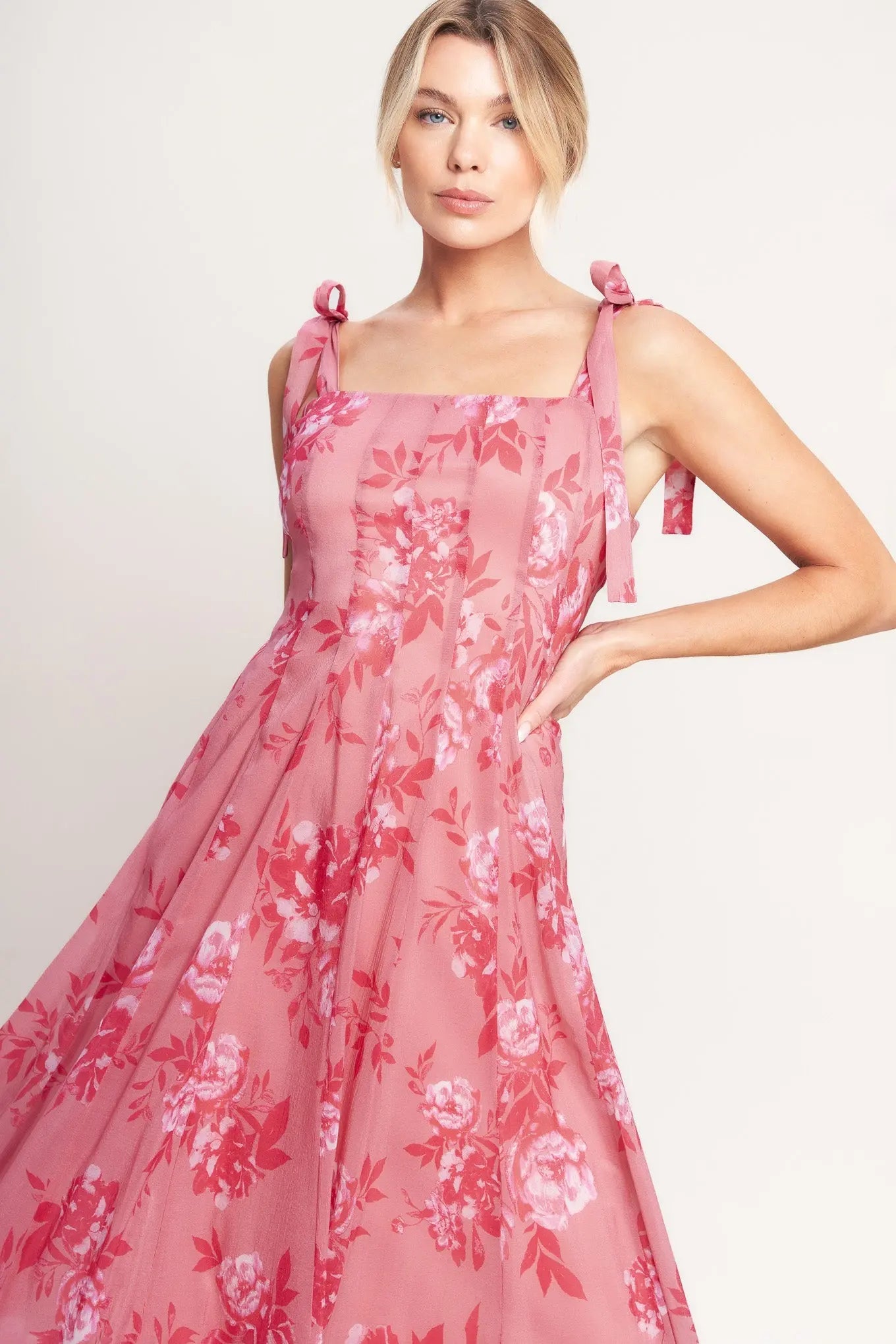 Romantic Pink Floral Canopy Midi Dress With Square Neck And Tie Straps Flying Tomato