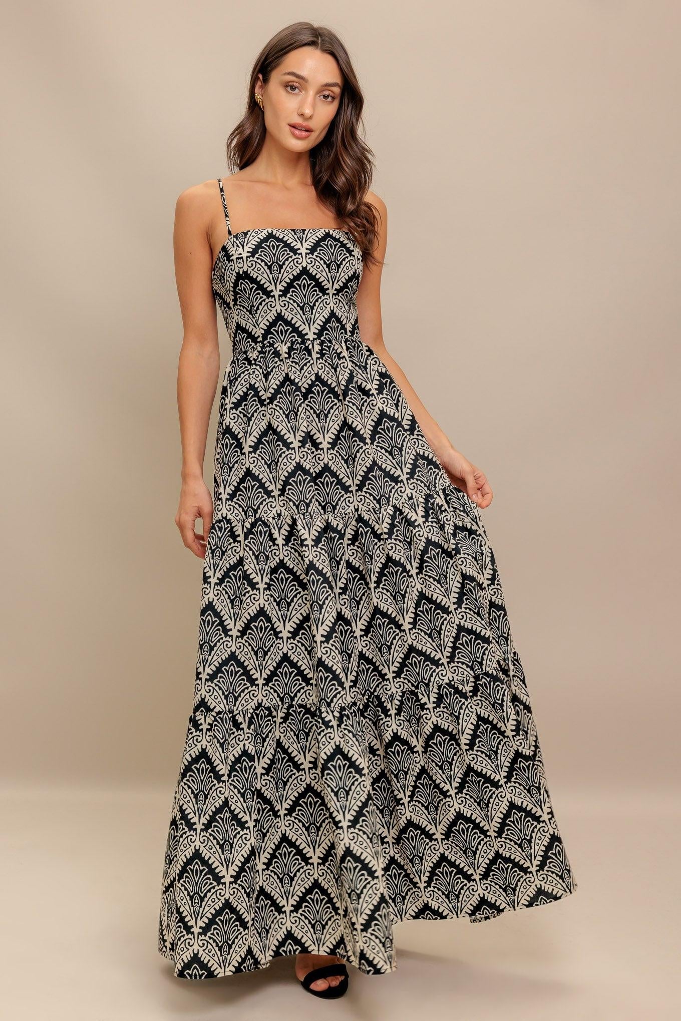 Flying Tomato Hazelwood Garden Woven Maxi Dress, a full-length view showcasing its elegant floral pattern and flowy design.