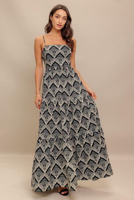 Flying Tomato Hazelwood Garden Woven Maxi Dress, a full-length view showcasing its elegant floral pattern and flowy design.