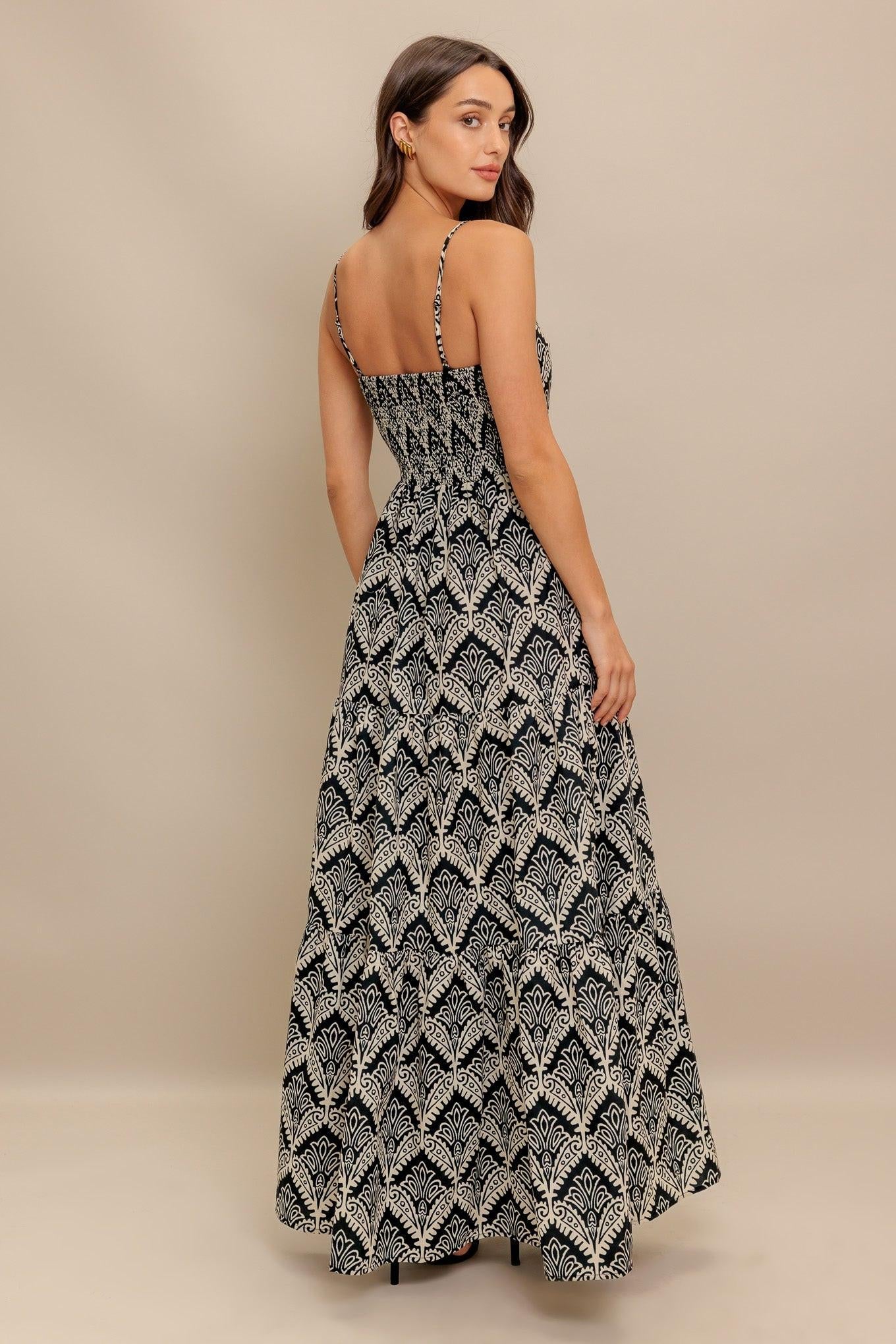 Flying Tomato Hazelwood Garden Woven Maxi Dress, back view on a model, revealing the intricate design and graceful drape.