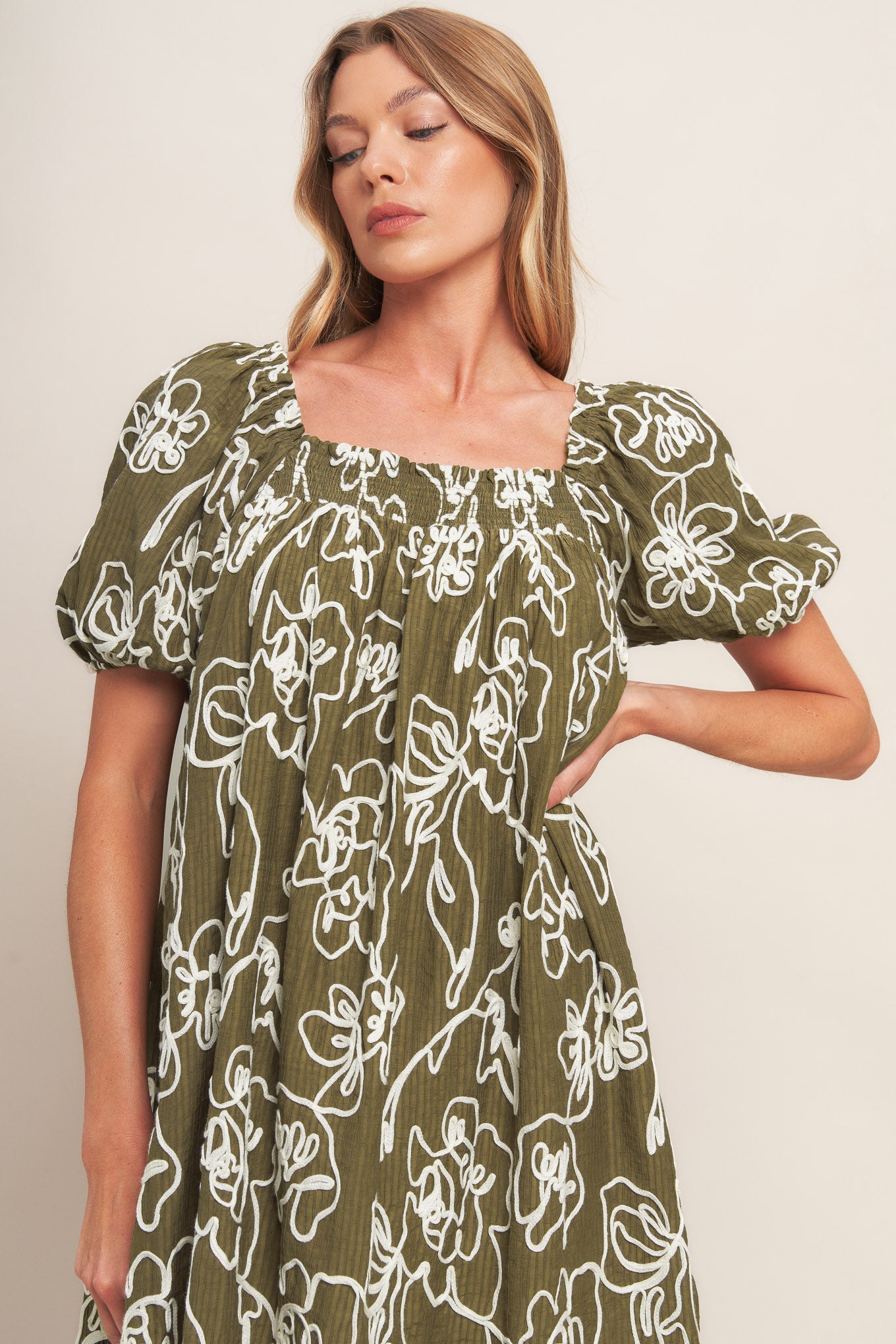 BOTANICAL OUTLINE WOVEN MINI DRESS Flying Tomato