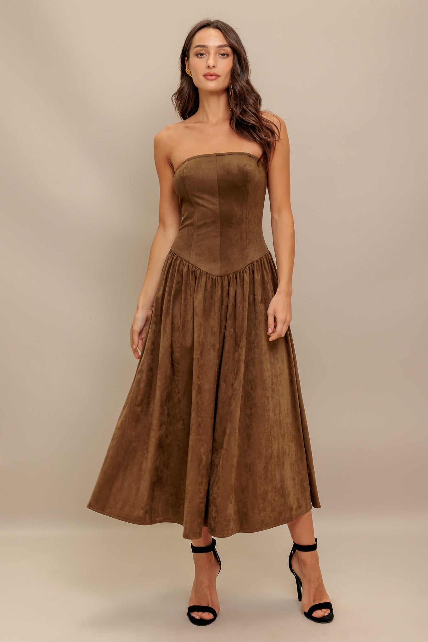 Wild Espresso Faux Suede Strapless Midi Dress With Zipper Flying Tomato