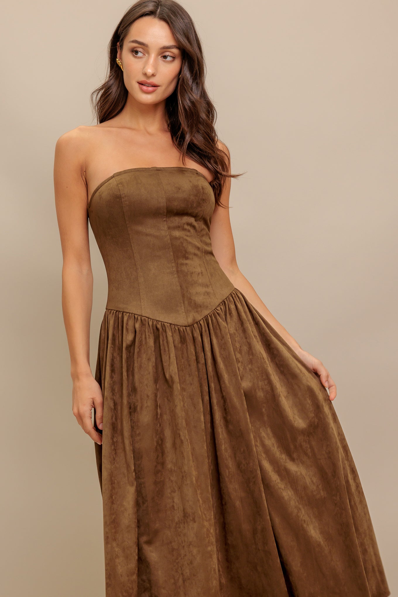 Wild Espresso Faux Suede Strapless Midi Dress With Zipper Flying Tomato