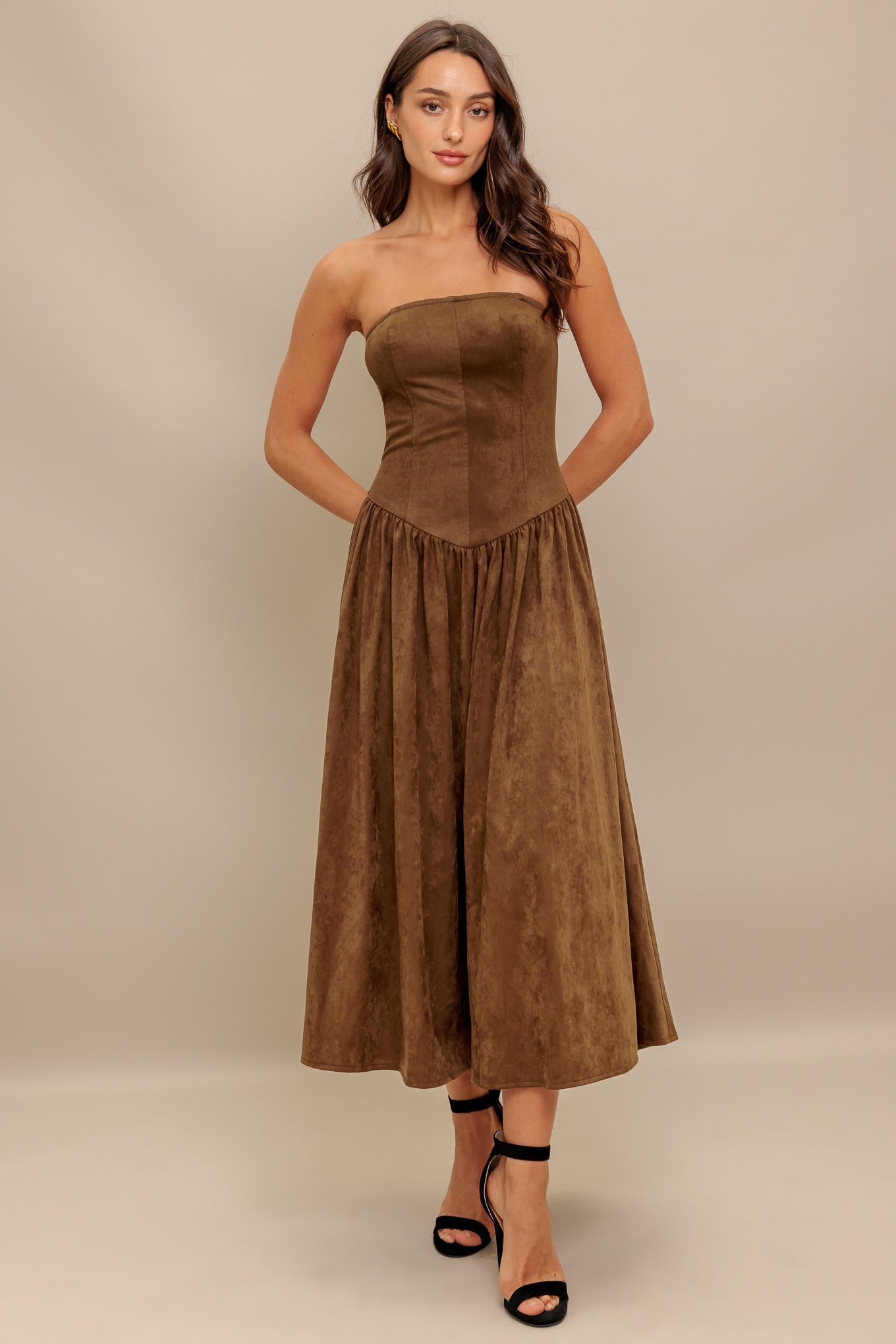 Wild Espresso Faux Suede Strapless Midi Dress With Zipper Flying Tomato