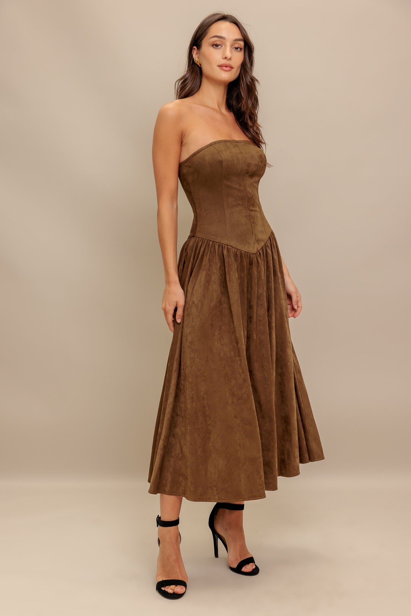 Wild Espresso Faux Suede Strapless Midi Dress With Zipper Flying Tomato