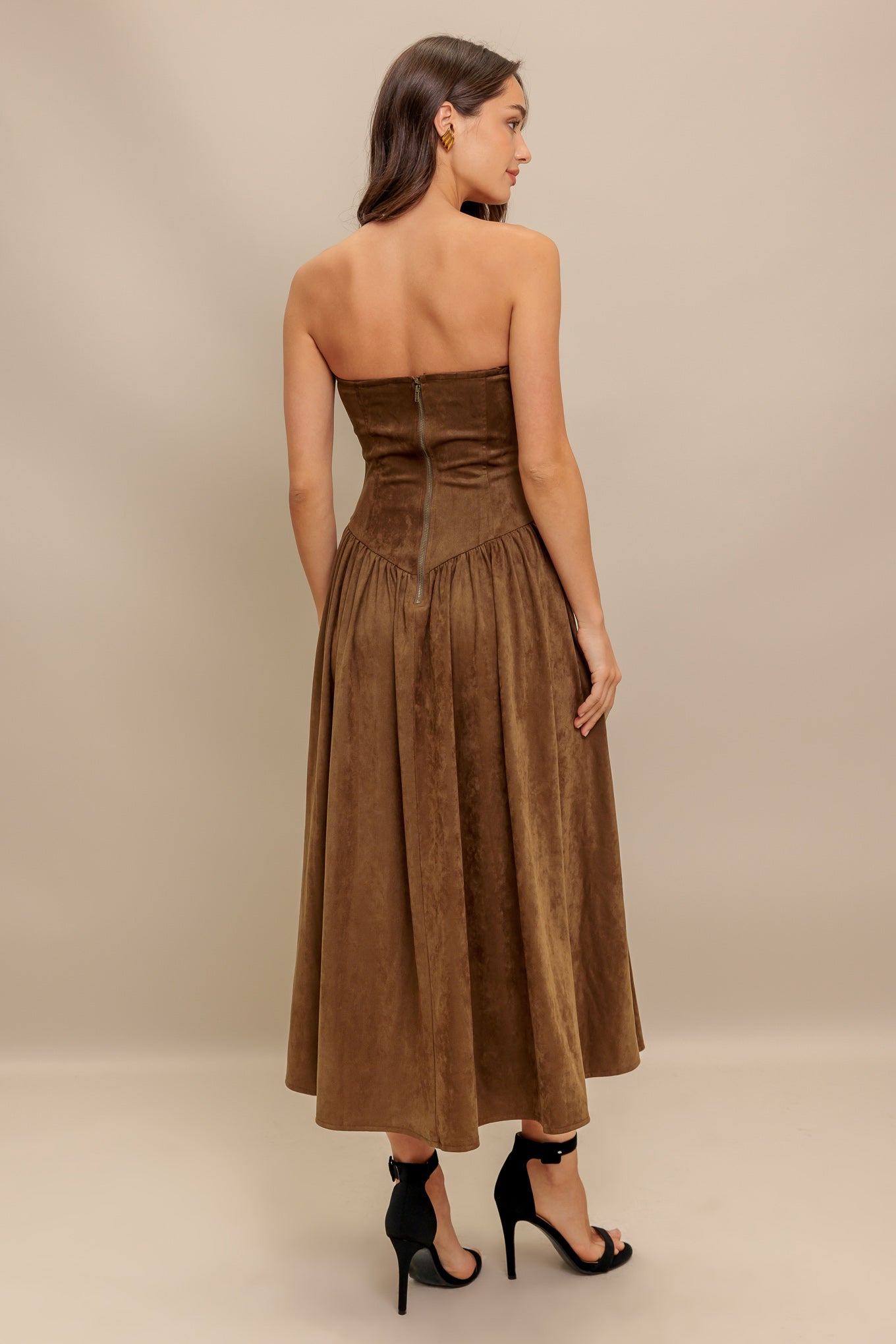 Wild Espresso Faux Suede Strapless Midi Dress With Zipper Flying Tomato