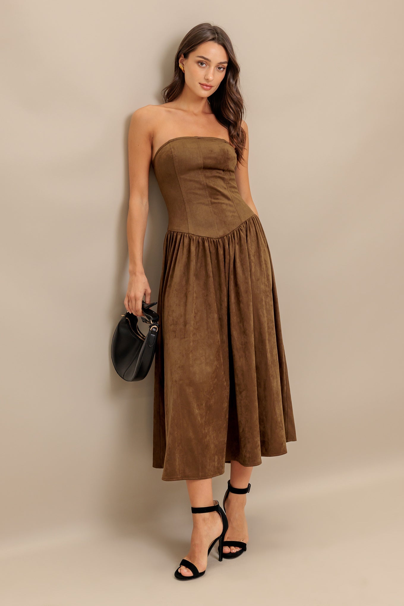 Wild Espresso Faux Suede Strapless Midi Dress With Zipper Flying Tomato