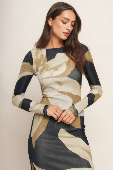 ABSTRACT BOTANICA POWER MESH MIDI DRESS - DRESSES