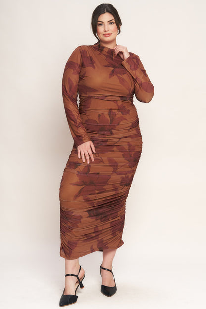Amber Flora Power Mesh Midi Dress With Back Zipper Closure