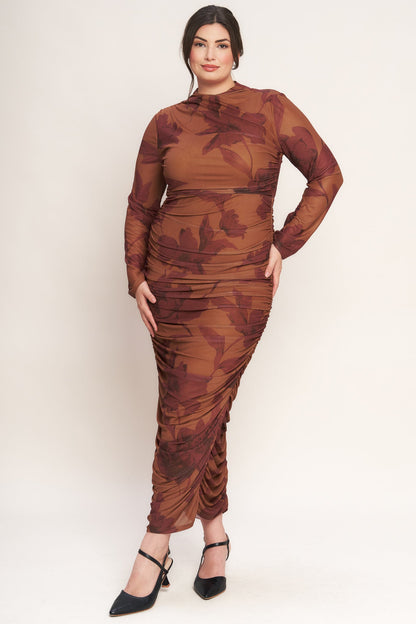 Amber Flora Power Mesh Midi Dress With Back Zipper Closure