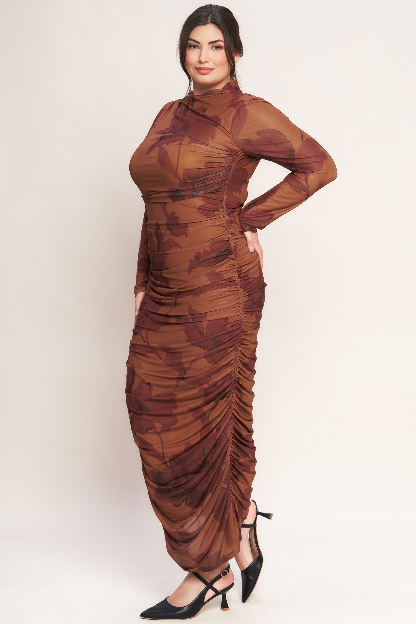 Amber Flora Power Mesh Midi Dress With Back Zipper Closure