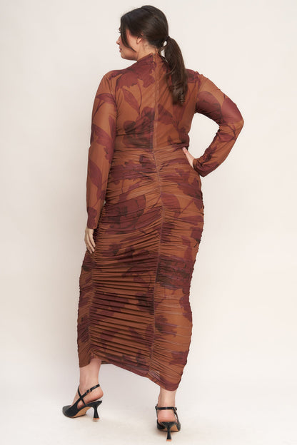 Amber Flora Power Mesh Midi Dress With Back Zipper Closure