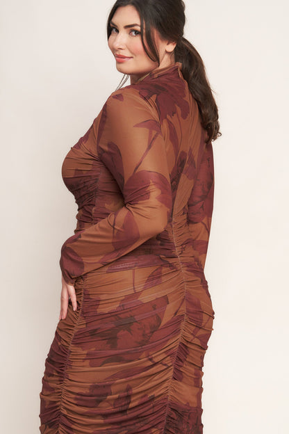 Amber Flora Power Mesh Midi Dress With Back Zipper Closure