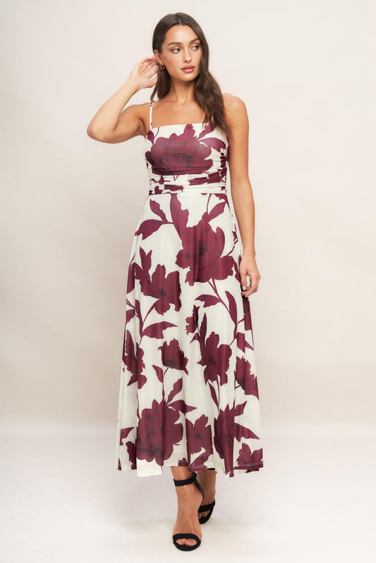 Flying Tomato Wine Bloom Power Mesh Midi Dress, full front view, elegant floral pattern, perfect for special occasions.