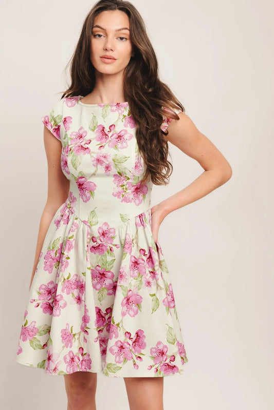 Blossom Babe Woven Floral Mini Dress With Cap Sleeve Flying Tomato