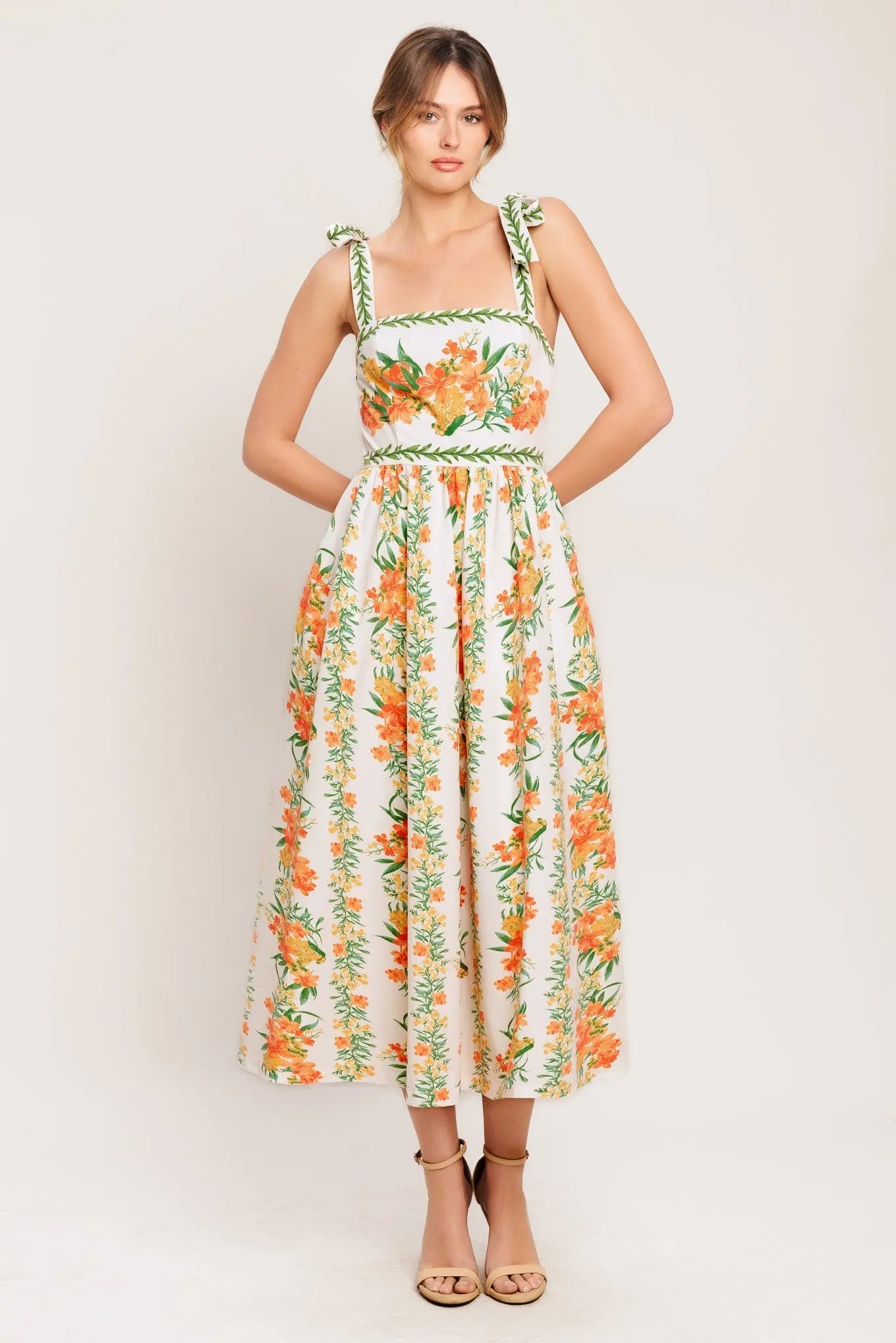 Marigold Breeze Floral Printed Midi Dress With Shoulder Ties Flying Tomato