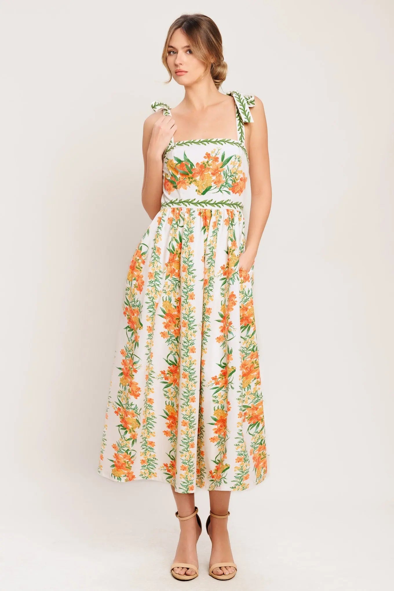 Marigold Breeze Floral Printed Midi Dress With Shoulder Ties Flying Tomato