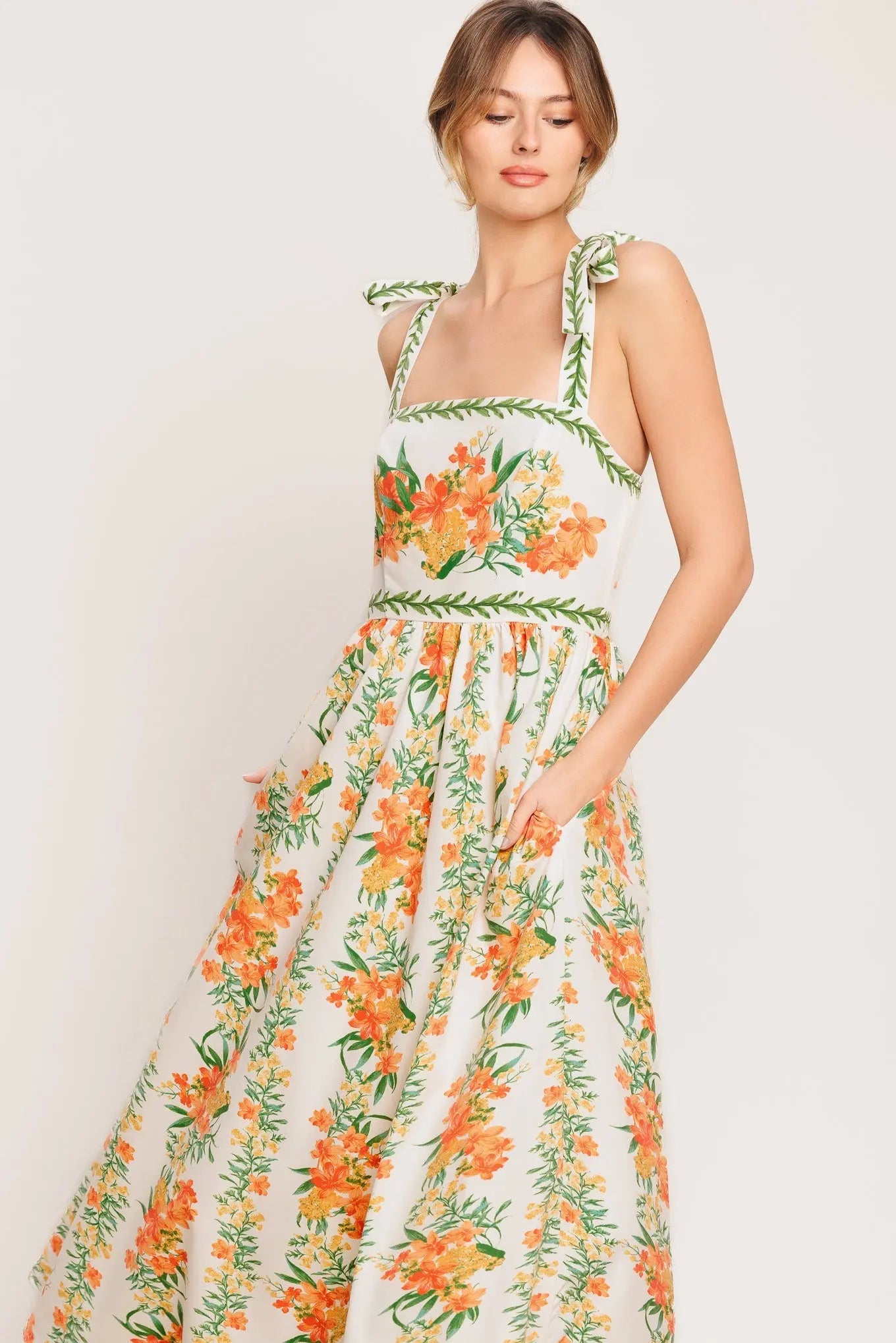 Marigold Breeze Floral Printed Midi Dress With Shoulder Ties Flying Tomato