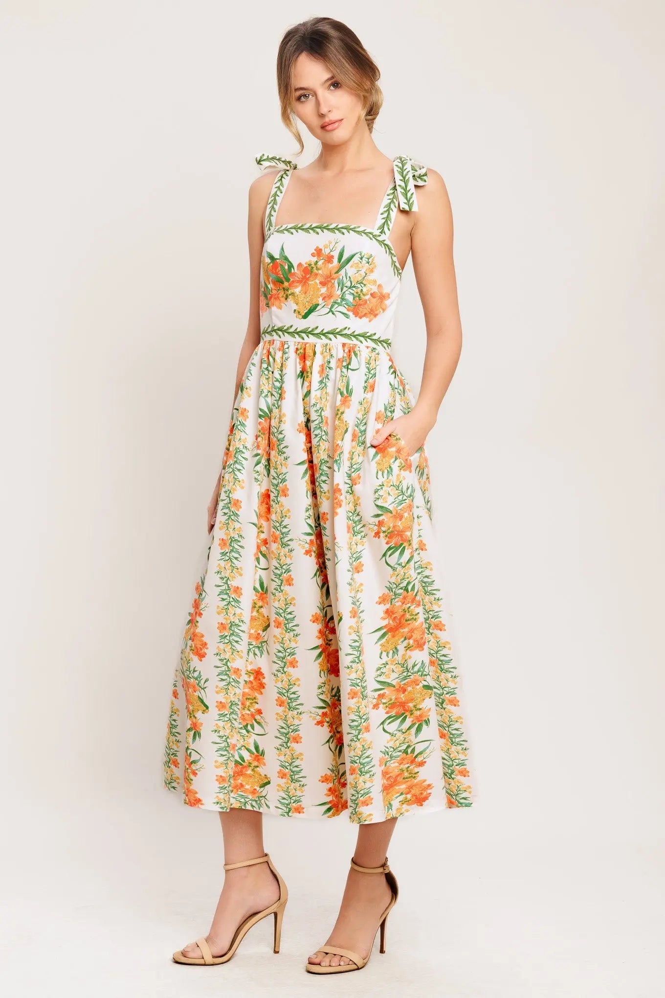 Marigold Breeze Floral Printed Midi Dress With Shoulder Ties Flying Tomato