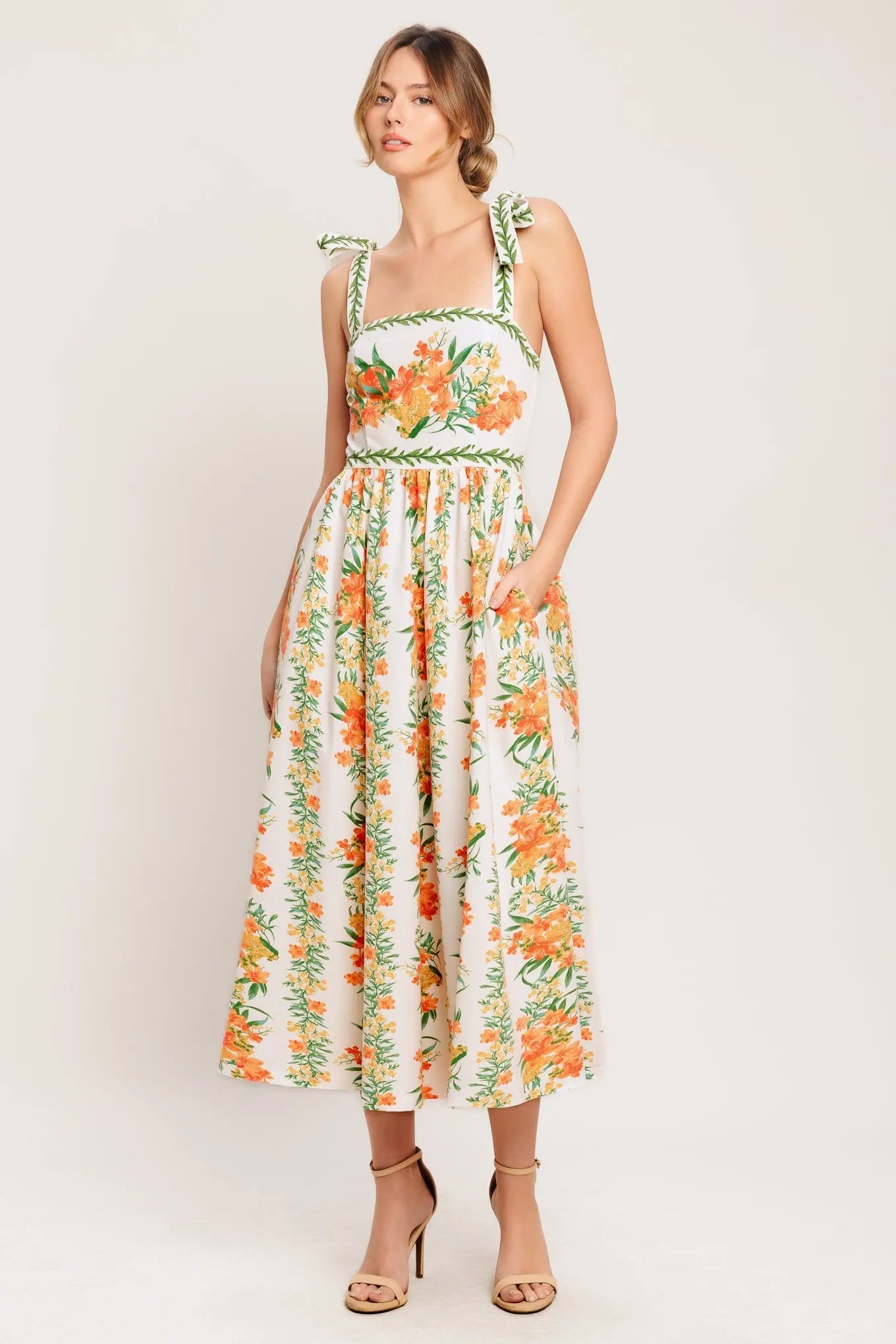 Marigold Breeze Floral Printed Midi Dress With Shoulder Ties Flying Tomato