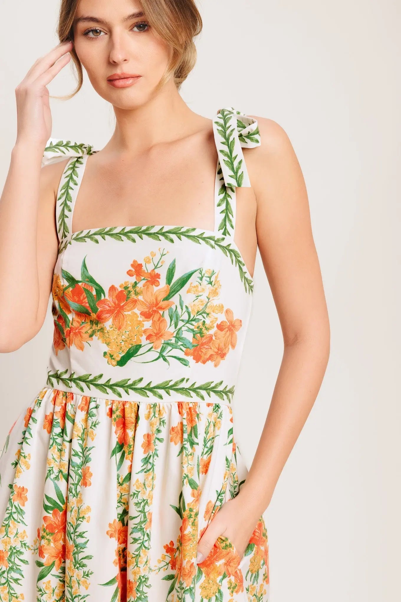 Marigold Breeze Floral Printed Midi Dress With Shoulder Ties Flying Tomato