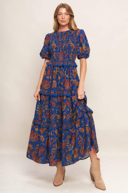 BOHEMIAN NAVY FLORAL WOVEN MIDI DRESS Flying Tomato