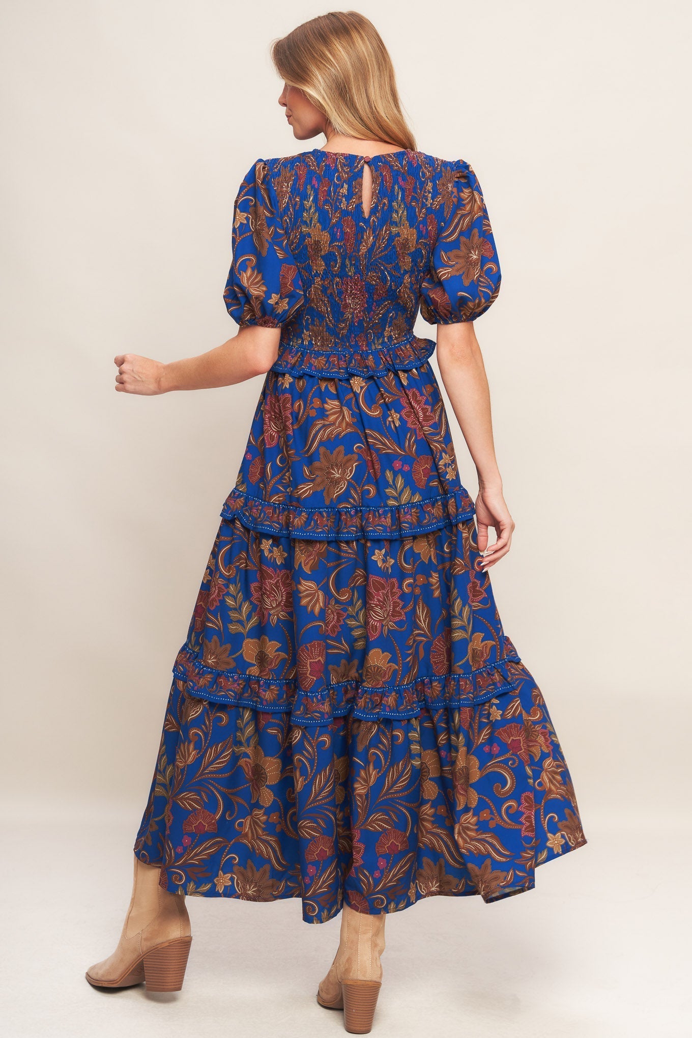 BOHEMIAN NAVY FLORAL WOVEN MIDI DRESS Flying Tomato