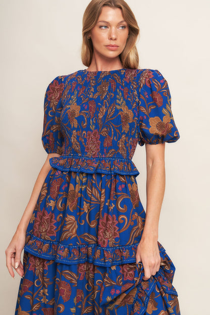 BOHEMIAN NAVY FLORAL WOVEN MIDI DRESS