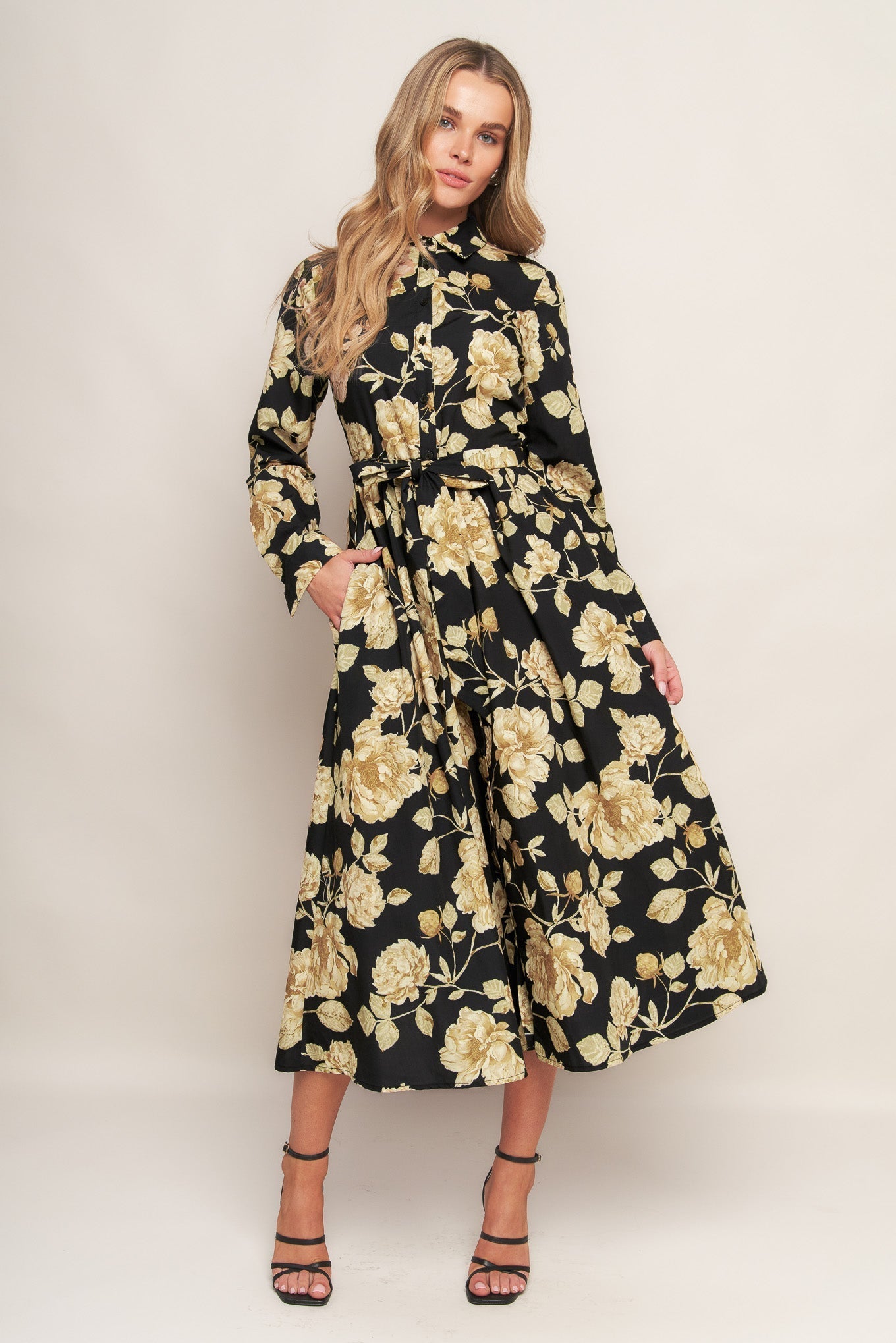 MIDNIGHT BLOOM BLACK WOVEN MIDI DRESS Flying Tomato