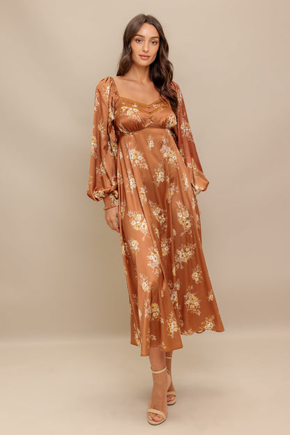 Caramel Sunset Woven Midi Dress With Sweetheart Neckline