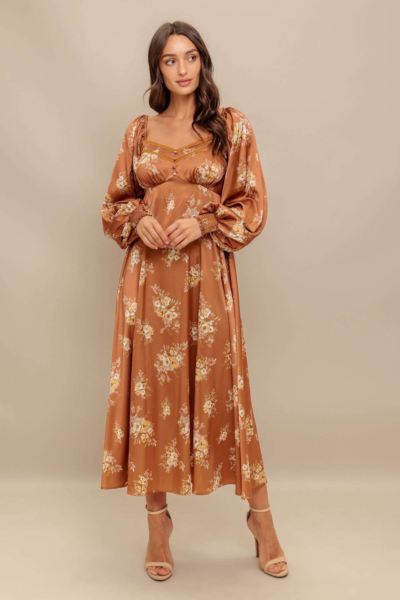Caramel Sunset Woven Midi Dress With Sweetheart Neckline